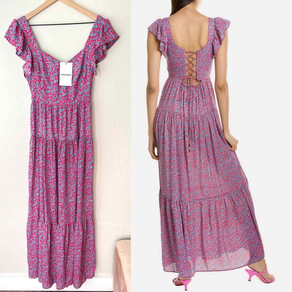 Sabina Musayev Truly Pink Floral Print Lace Up Back Maxi Dress S Nwt